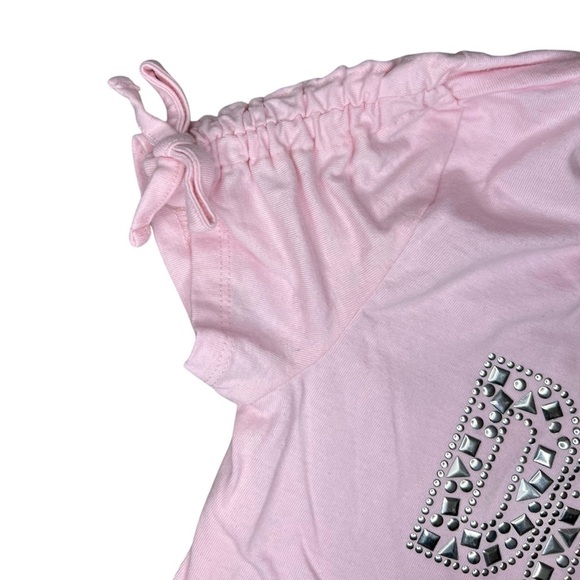 DKNY Pink with Silver Metal Stud Tee, Gathered Sleeve, Girls 12 - Picture 4 of 5